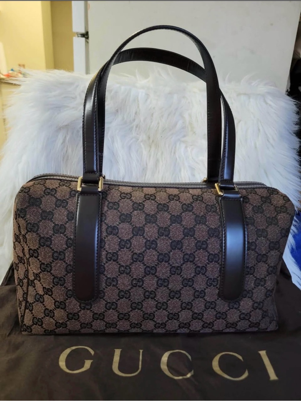 Gucci Brown GG Supreme Canvas Duffel Bag with Dark Brown Leather Trim